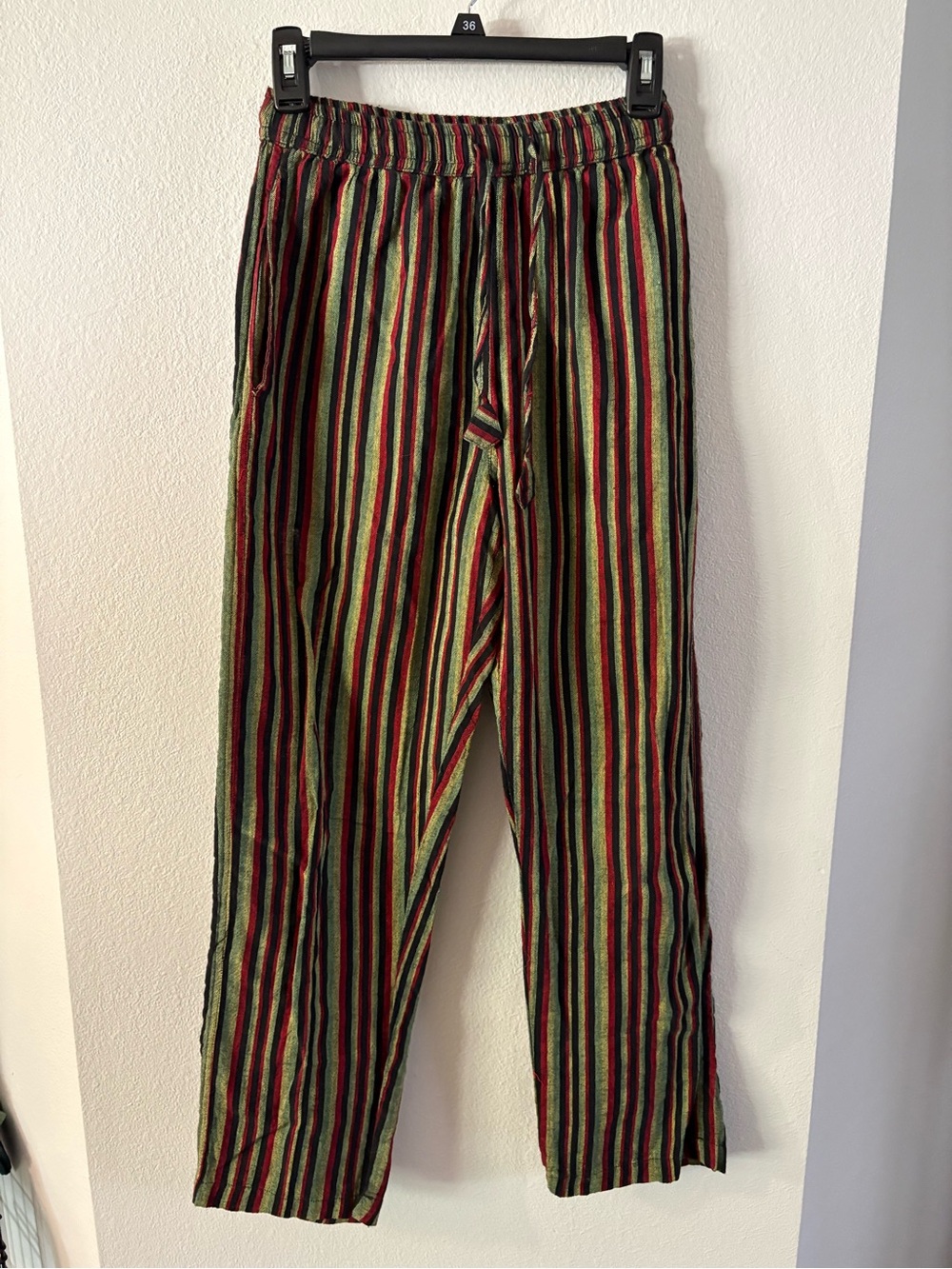 EARTHBOUND Boho Striped Straight Leg Cotton Pants in Green, Red & Black Small